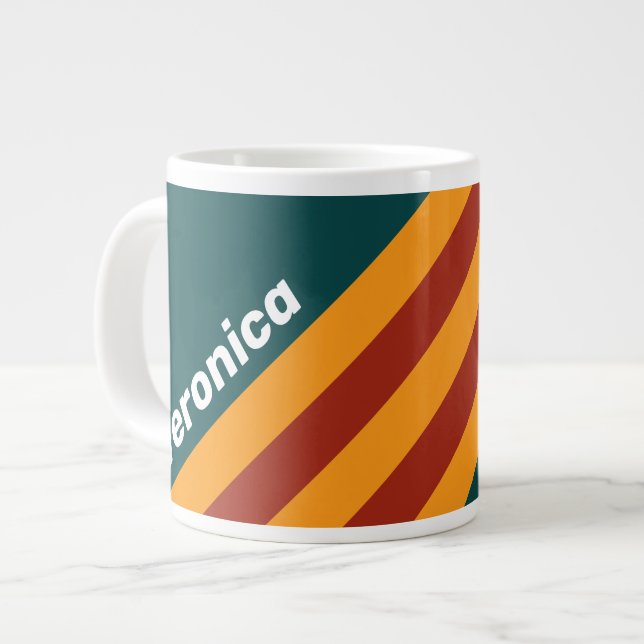 Taza De Café Gigante Retro Dark Teal Splash Stripes with Name (Izquierda)