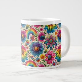 Taza De Café Gigante Retro Floral Hippie Arcoíris