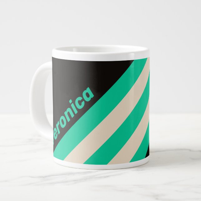 Taza De Café Gigante Retro Midnight Mint Stripes with Name (Izquierda)