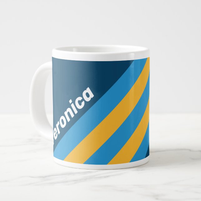 Taza De Café Gigante Retro Navy Blue Stripes with Name (Izquierda)