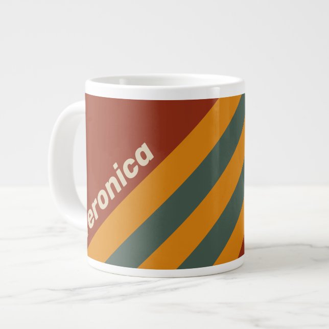 Taza De Café Gigante Retro Orange Rust Stripes with Name (Izquierda)