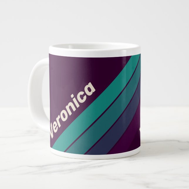 Taza De Café Gigante Retro Purple Rainbow Stripes with Name (Izquierda)