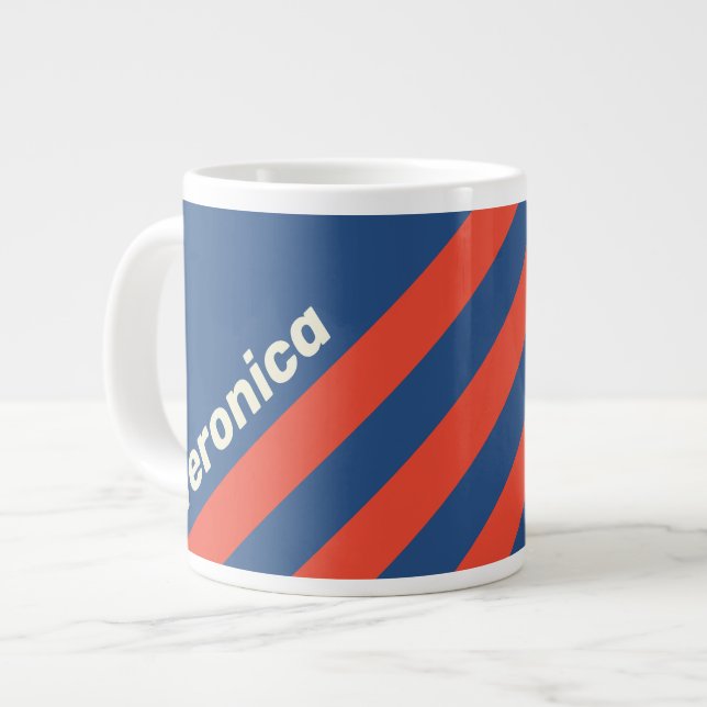 Taza De Café Gigante Retro Red & Blue Three Stripes with Name (Izquierda)