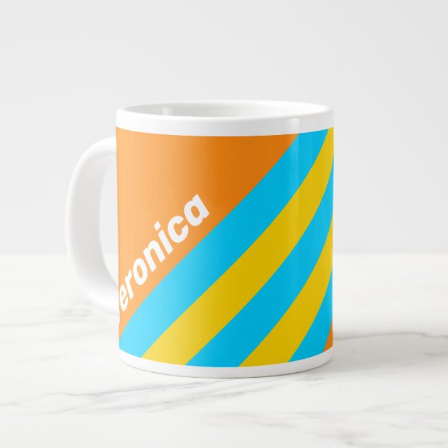 Taza De Café Gigante Retro Summer Beach Stripes with Name (Izquierda)