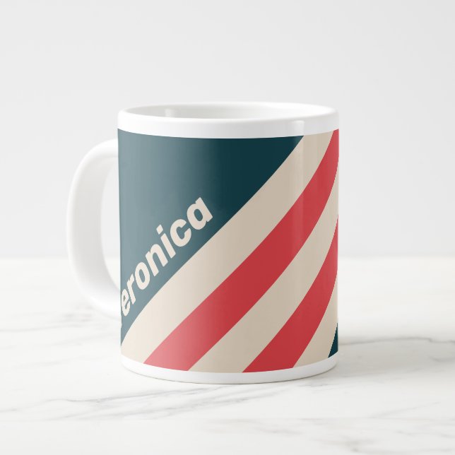 Taza De Café Gigante Retro Teal Vibe Stripes with Name (Izquierda)