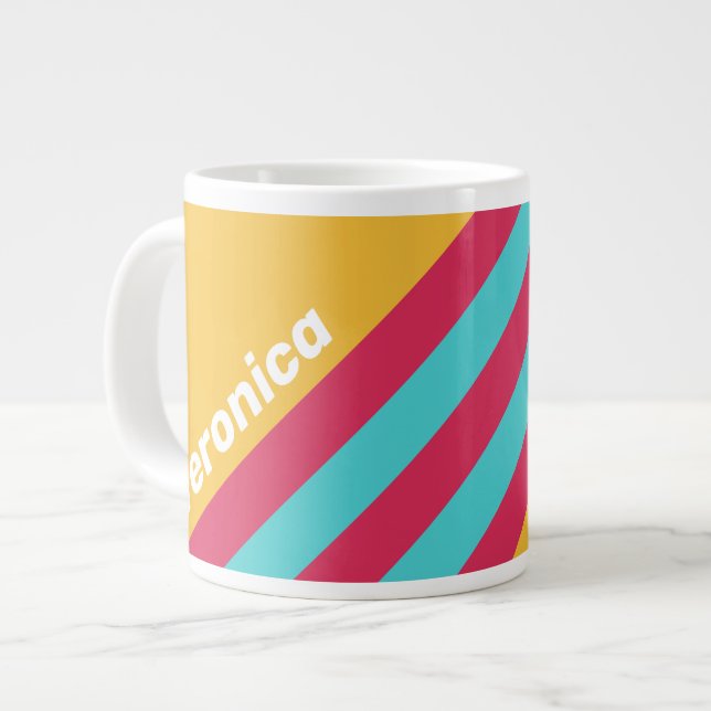 Taza De Café Gigante Retro Tropical Breeze Stripes with Name (Izquierda)