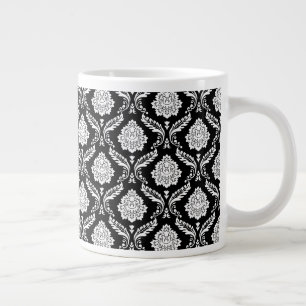 Taza De Café Gigante Rococo Damask Patrón Pequeño Blanco sobre Negro