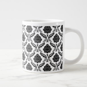 Taza De Café Gigante Rococo Damask Patrón Pequeño Negro sobre Blanco