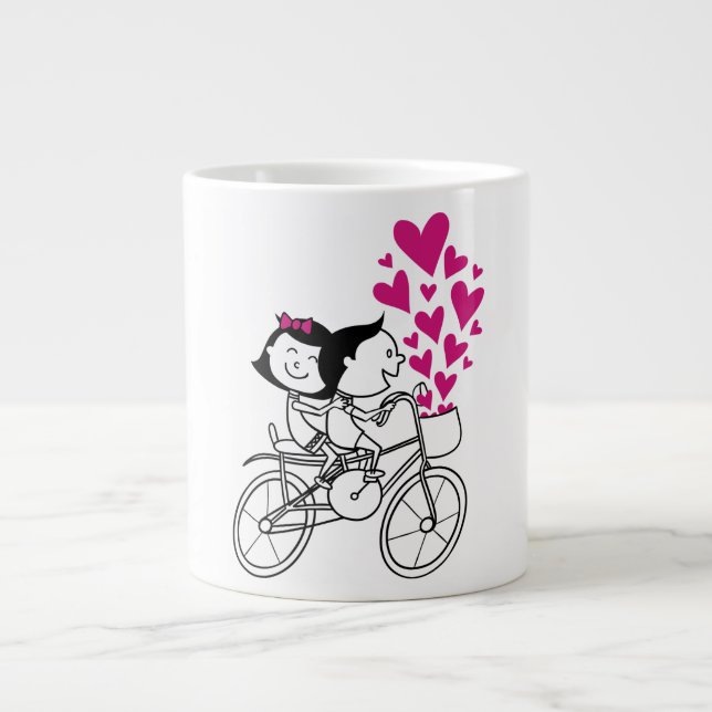 Taza De Café Gigante Romántica pareja en bicicleta con mucho corazón (Frente)