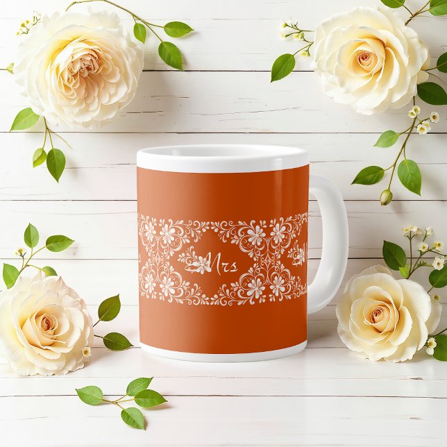 Taza De Café Gigante Romántico Shabby Chic Naranja quemada Sra. Boda Mu (Subido por el creador)