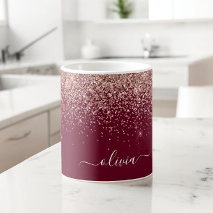 Taza De Café Gigante Rosa Borgoña Glitter Monograma de Oro