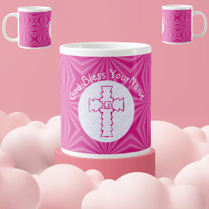 Taza De Café Gigante Rosa Caliente Zig-Zag Cruz Rosa Blanco Personaliza