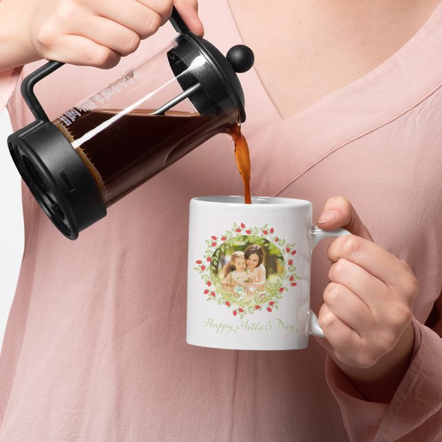 Taza De Café Gigante Rosa de acuarela feliz Día de la Madre (Mother's Day custom photo mug with watercolor rose floral wreath.)