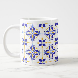 Taza De Café Gigante Royal Fleur Elegant Blue and Gold Botanical Mosaic