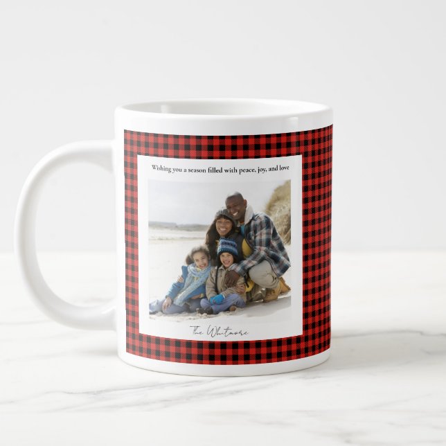 Taza De Café Gigante Rustic Cute Red Plaid Monogram 2 Photo Christmas (Izquierda)