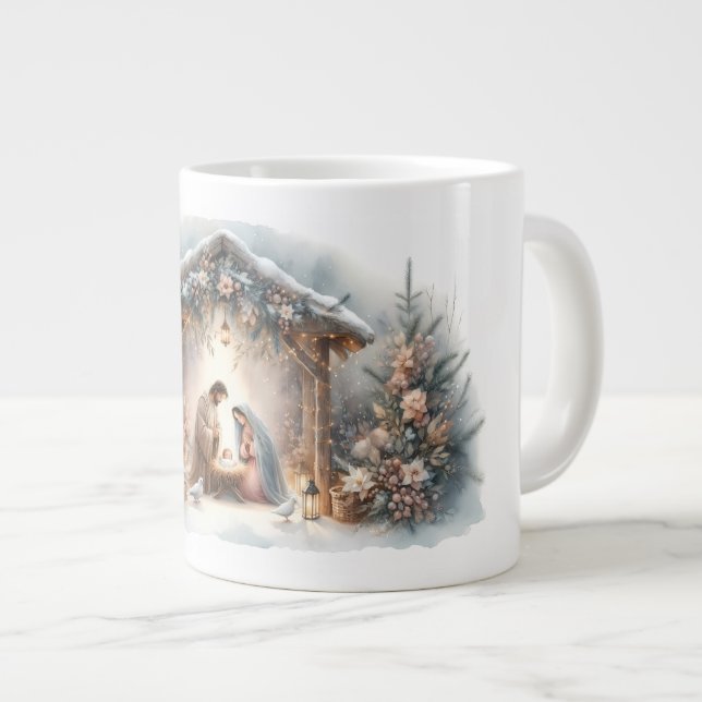 Taza De Café Gigante Rustic Nativity Scene with Winter Florals (Derecha)