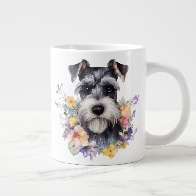 Taza De Café Gigante Schnauzer lindo con retrato de flores (Derecha)