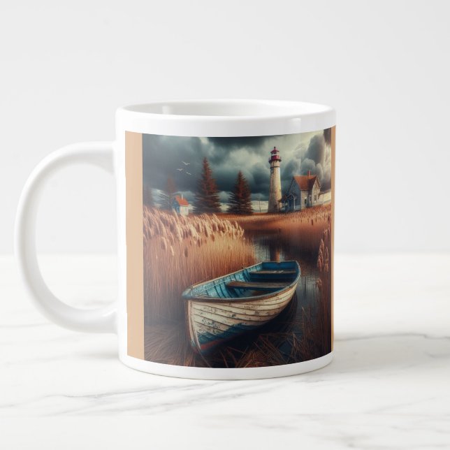 Taza De Café Gigante Serenidad costera: Faro y bote de remos (Izquierda)