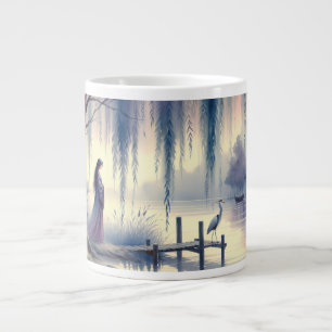 Taza De Café Gigante Sereno lago de fantasía con sauce y garza