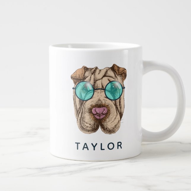 Taza De Café Gigante Sharpei Con Lentes De Sol| Agregar su nombre (Derecha)