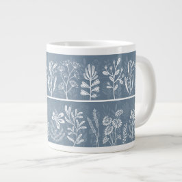 Taza De Café Gigante Siluetas Botánicas Caprichosas de Azul Polvoriento