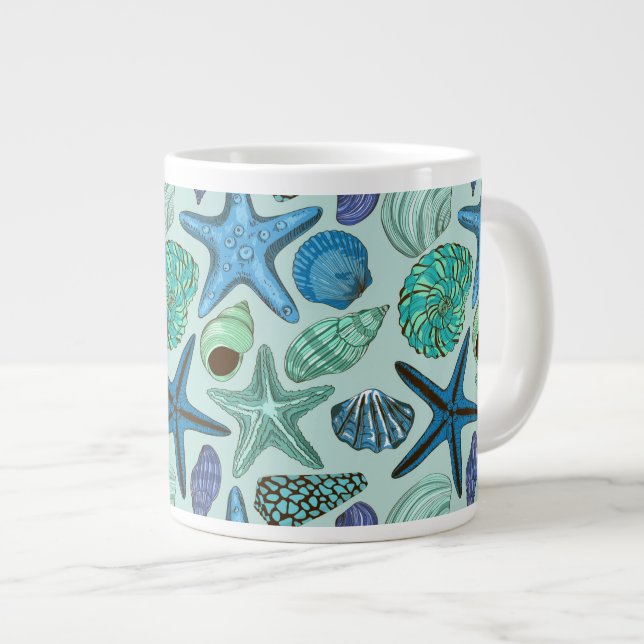 Taza De Café Gigante Sombras de Seashells y del modelo azules de las (Derecha)