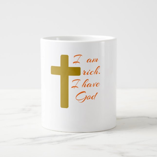 TAZA DE CAFÉ GIGANTE SOY RICO. TENGO DIOS. (Frente)