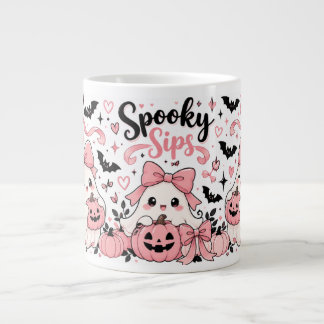 Taza De Café Gigante Spooky Sips Pink Coquette Halloween Fantasmas Lazo