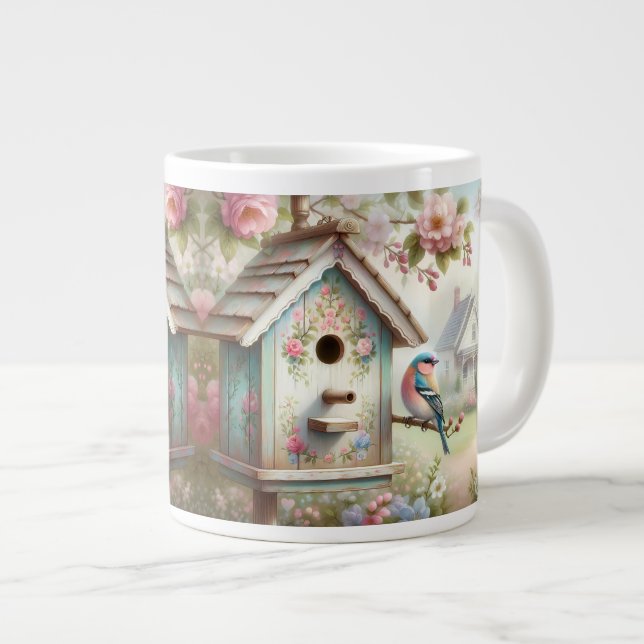 Taza De Café Gigante Spring Birdhouse With Pastel Flowers And Bird (Derecha)
