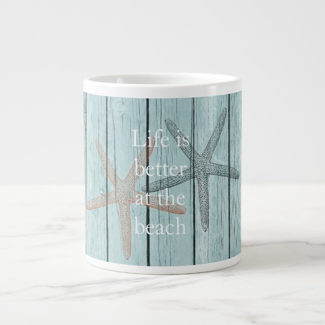 Taza De Café Gigante Starfish Beach Blue Faux Wood (Frente)