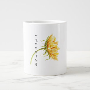 Taza De Café Gigante Sunflower acuarela con barra de texto "floreciente