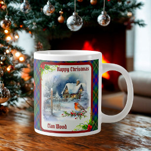 Taza De Café Gigante Tartan de madera y robin de Navidad personalizado