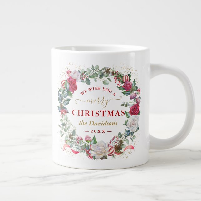 Taza De Café Gigante Te Deseamos Un Monograma De La Guirnalda De Navida (Derecha)