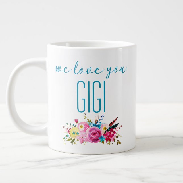 Taza De Café Gigante Te Encantamos Gigi Verde azulada Flora Rosa (Izquierda)