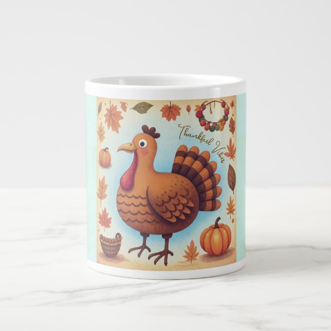 Taza De Café Gigante Thanksgiving,Thankful Vibes,Cute Turkey (Frente)