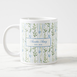 Taza De Café Gigante Tía Establecida Acuarela Floral Rayada Azul