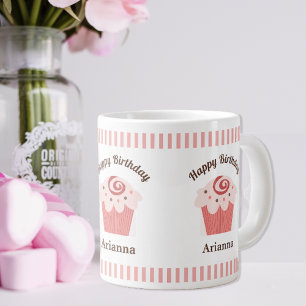 Taza De Café Gigante Torta de cumpleaños de rayas rosadas