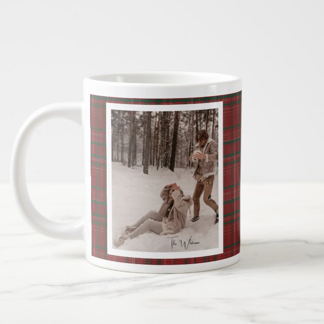 Taza De Café Gigante Trendy Red Plaid Rustic 2 Photo Christmas Gift (Izquierda)
