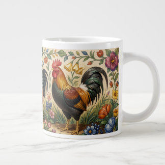 Taza De Café Gigante Tres gallos en un jardín florecido