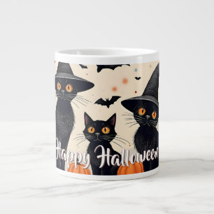 Taza De Café Gigante Tres gatos negros con sombreros en Halloween