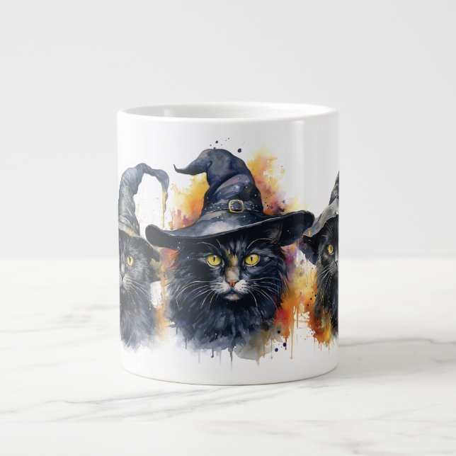 Taza De Café Gigante Trío de gato negro acuarela (Frente)