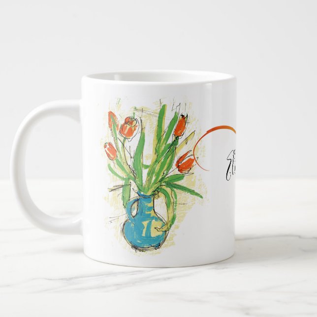 Taza De Café Gigante Tulipanes rojos en con monograma floral de la (Izquierda)