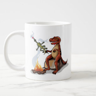 Taza De Café Gigante Tyrannosaurus Rex Cocina Sobre Una Fogata.