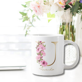 Taza De Café Gigante U Letra Gold Monograma Magenta Rosa Floral