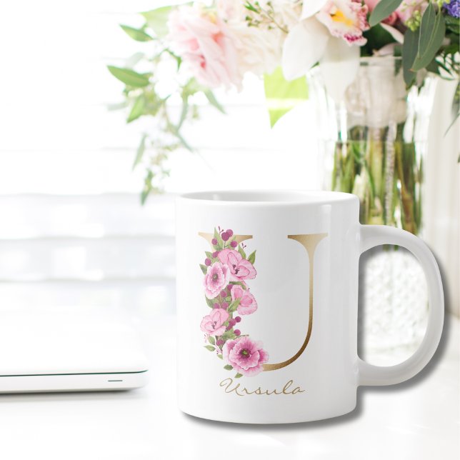 Taza De Café Gigante U Letra Gold Monograma Magenta Rosa Floral (Subido por el creador)