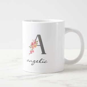 Taza De Café Gigante Un monograma floral plateado con letra rojo púrpur