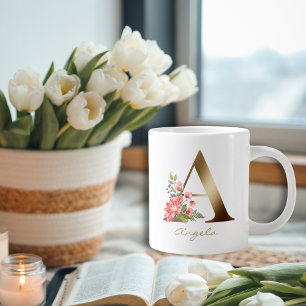 Taza De Café Gigante Una letra oro Monograma Floral Rojo Verde Púrpura