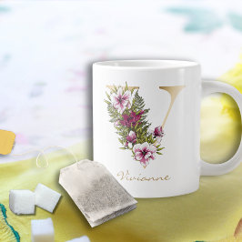 Taza De Café Gigante V Letra Gold Monograma Marsala White Florals