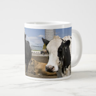 Taza De Café Gigante Vacas frente a un granero rojo y silo en una granj