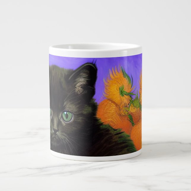 Taza De Café Gigante Van Gogh Black Kitten con girasoles (Frente)